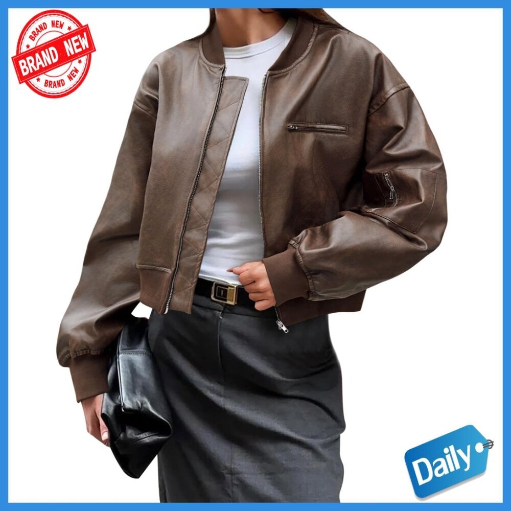 Cropped Faux Leather Bomber Jacket with Baseball Collar and Pockets